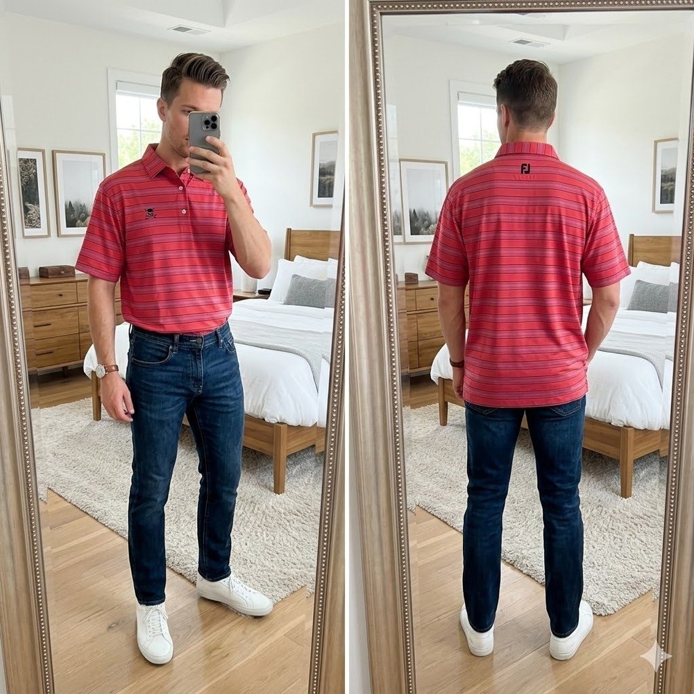 Foot Joy Tattoo Golf Men's Large Polo  Red Black‎ Striped Skull Logo